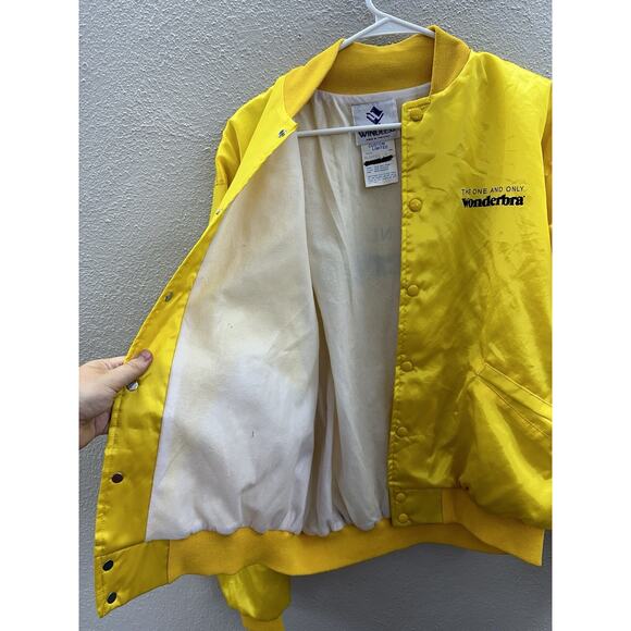 Windless Womens Bomber Jacket Size Large Satin Yellow Wonderbra PR Snap Up VTG - Picture 5 of 12